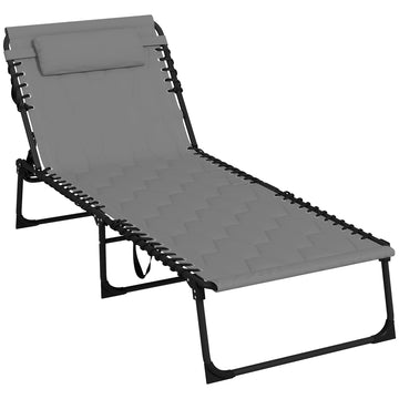 Foldable Sun Lounger with 5-level Reclining Back, Outdoor Tanning Chair Sun Lounger with Build-in Padded Seat, Side Pocket, Headrest for Beach, Yard, Patio, Grey