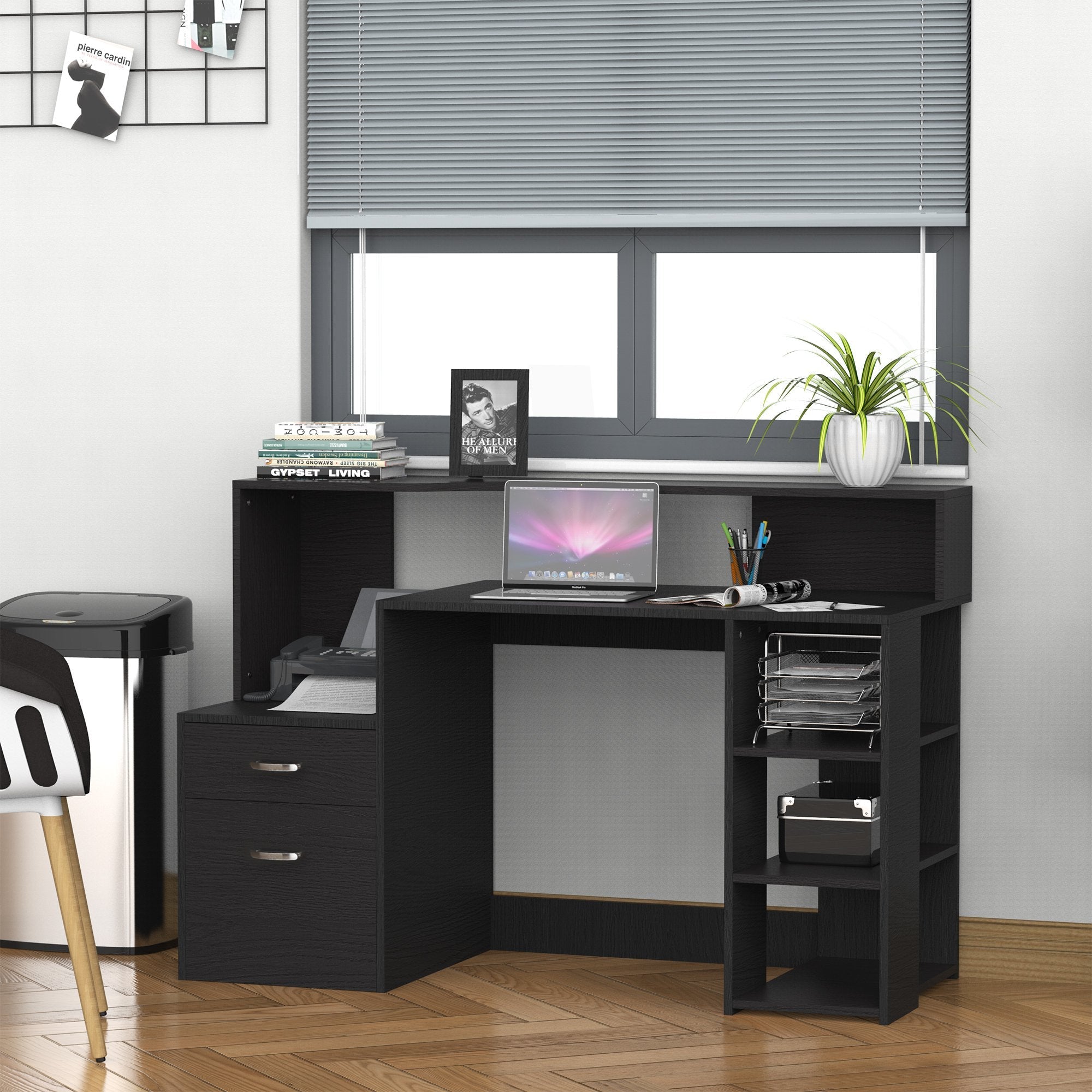 Computer Desk with Drawers and Storage Shelves, Reception Desk, Study Workstation for Home Office, 137 x 55 x 92cm, Black