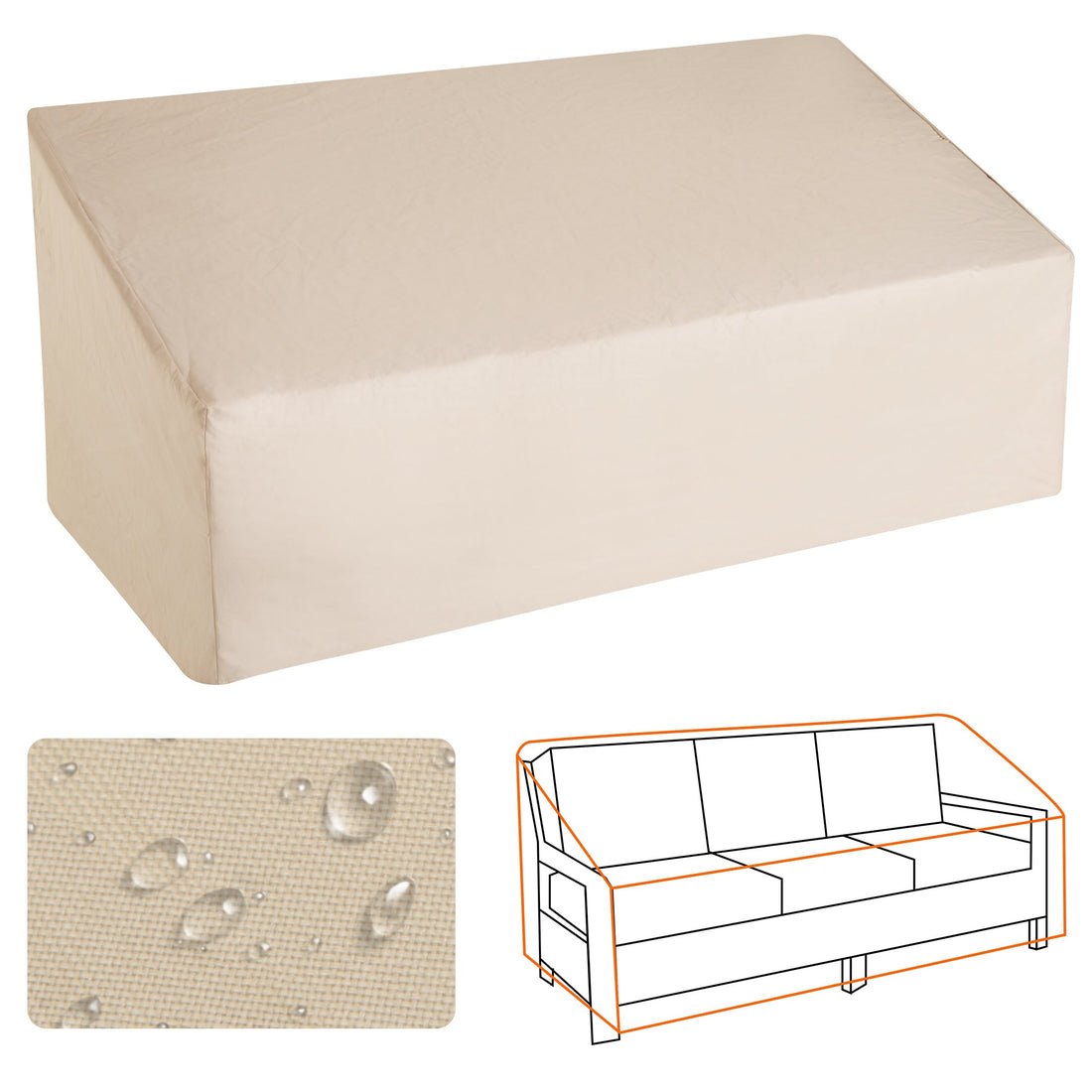 600D Oxford Cloth Garden Furniture Cover Waterproof, 3 Seater Sofa Protector for Patio, Outdoor, Beige, 218 x 111 x 63-101 cm