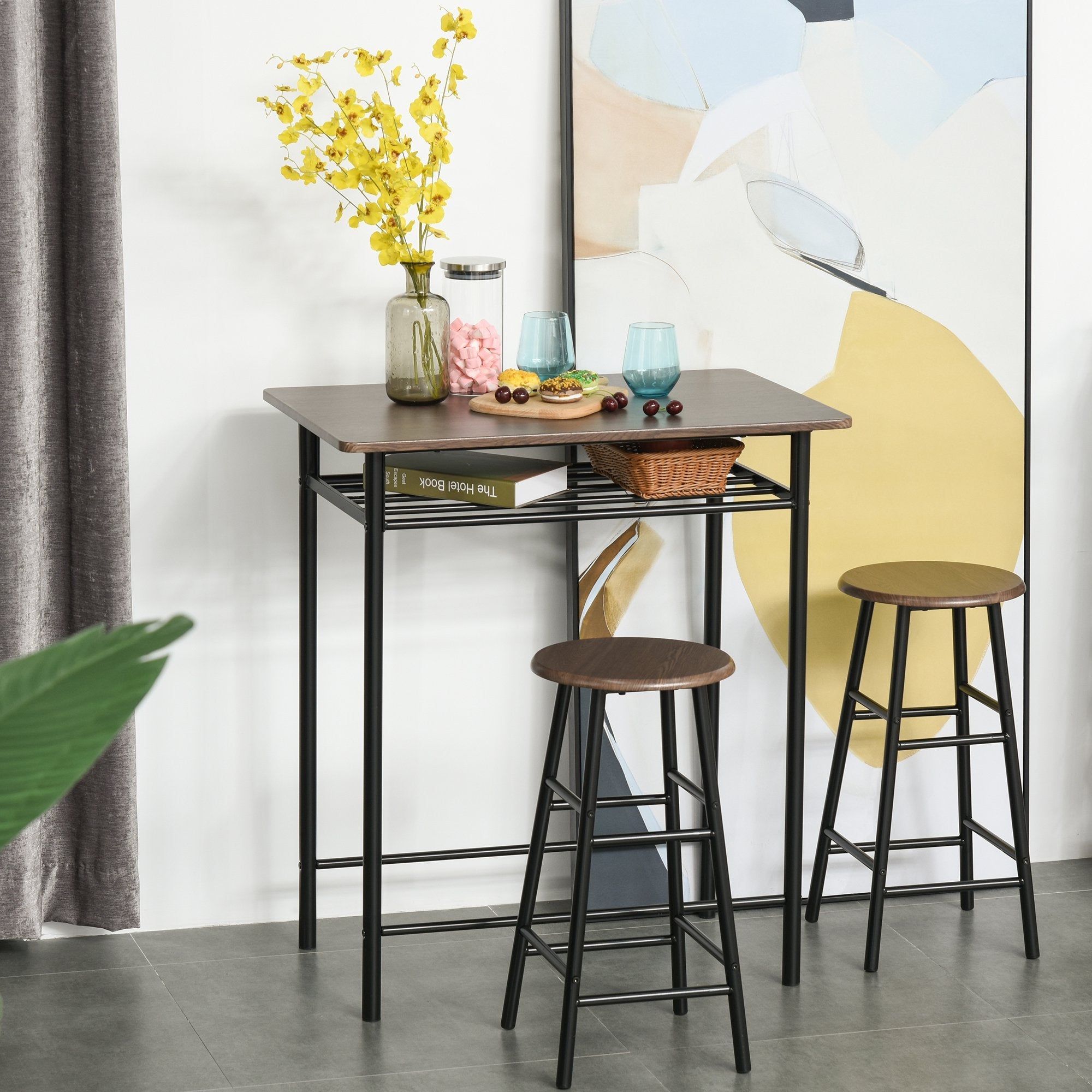 Bar Table Set, Bar Table and Stools Set, Footrest and Storage Shelf, for Kitchen, Dining Room, Pub, Cafe, Black and Oak