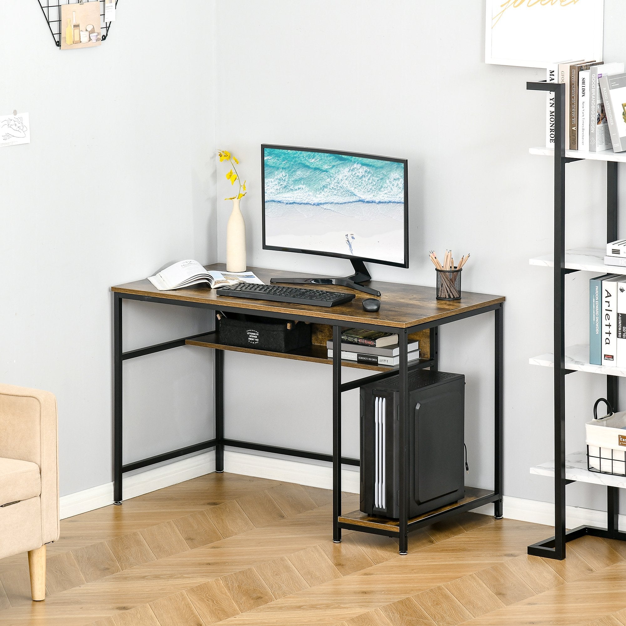 Computer Desk with Storage, 120 x 60cm Home Office Desk with 2 Shelves and Steel Frame, Writing Table for Living Room, Study, Rustic Brown