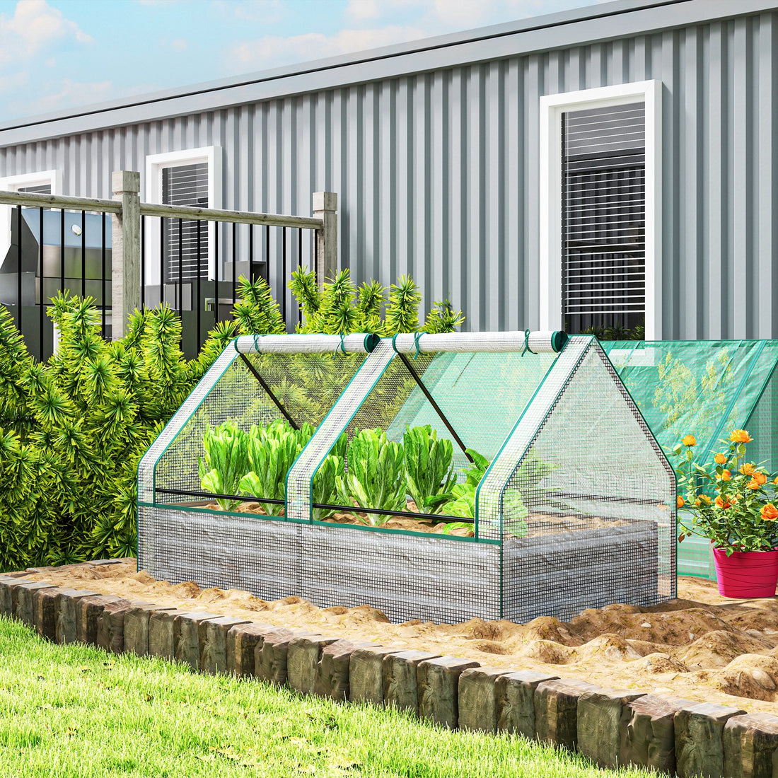 Metal Planter Box with Cover, Raised Garden Bed with Greenhouse, for Herbs and Vegetables, White and Dark Grey