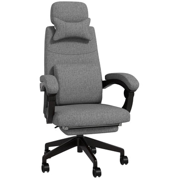 Linen-Look Office Chair, with 160° Reclining Back and Footrest - Grey