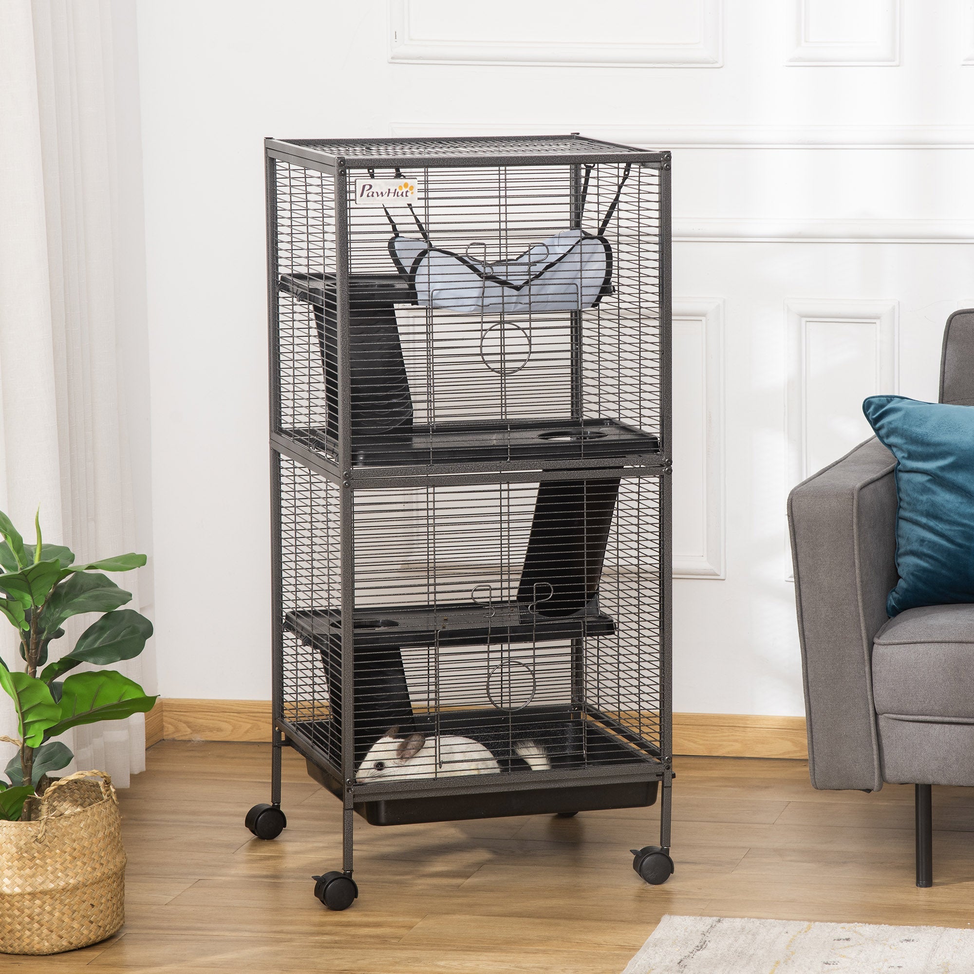 Small Animal Cage with Wheels Pet Home for Chinchillas Ferrets Kittens, with Hammock, 4 Platforms, Removable Tray, Silver