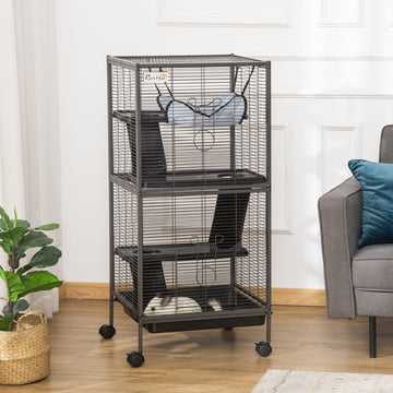 Small Animal Cage with Wheels Pet Home for Chinchillas Ferrets Kittens, with Hammock, 4 Platforms, Removable Tray, Silver