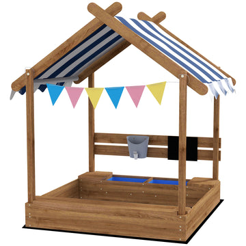 House-Designed Wooden Sandbox, Outdoor Sandpit, with Blackboard, Toys, Sink, Seats, Flags, for Ages 3-7 Years - Brown
