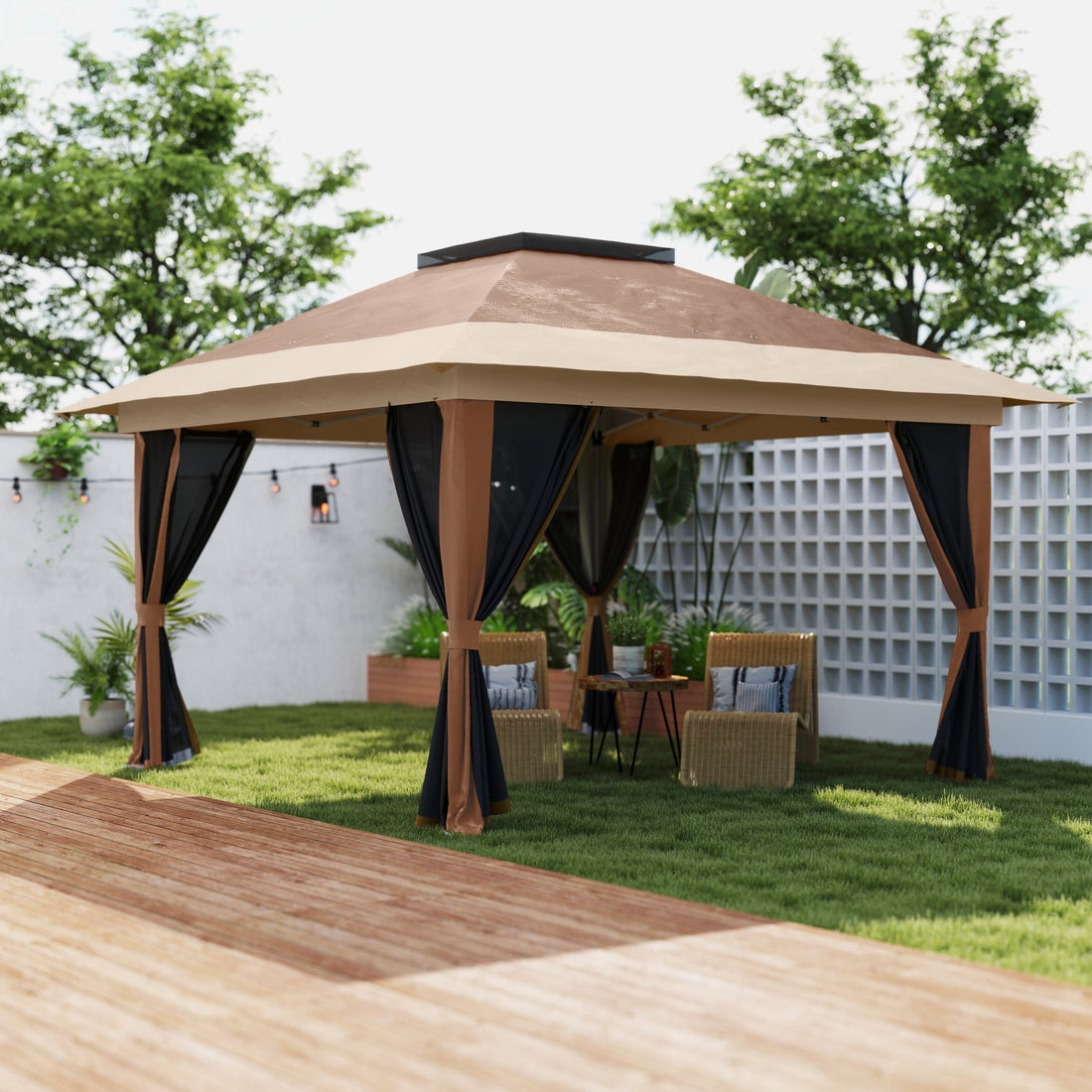 3.6 x 3.6m Pop-Up Gazebo, with Accessories - Brown