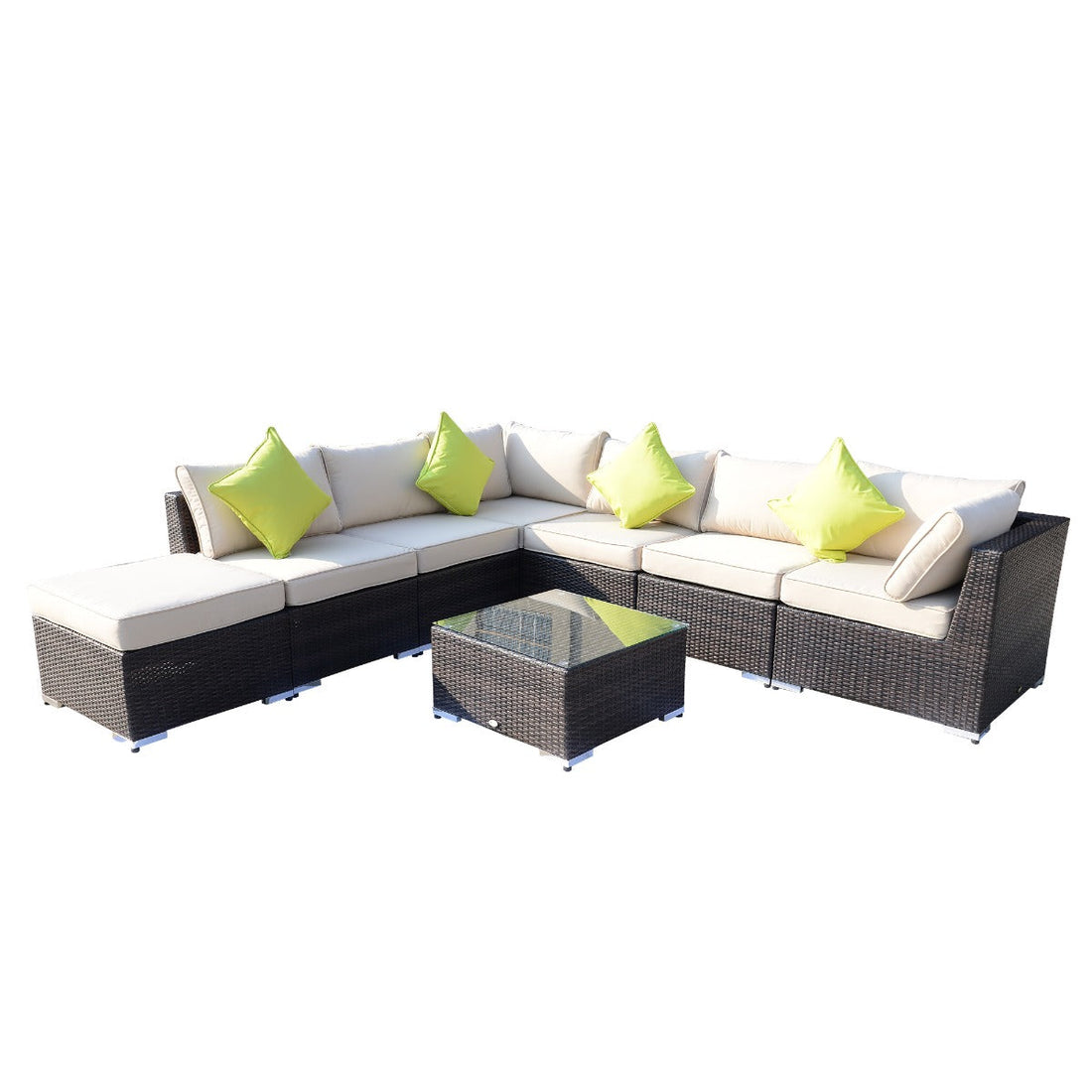 8 Pieces PE Rattan Corner Sofa Set with Thick Cushions, Aluminium Outdoor Rattan Garden Furniture Set with Glass Top Table, No Assembly Required, Mixed Brown