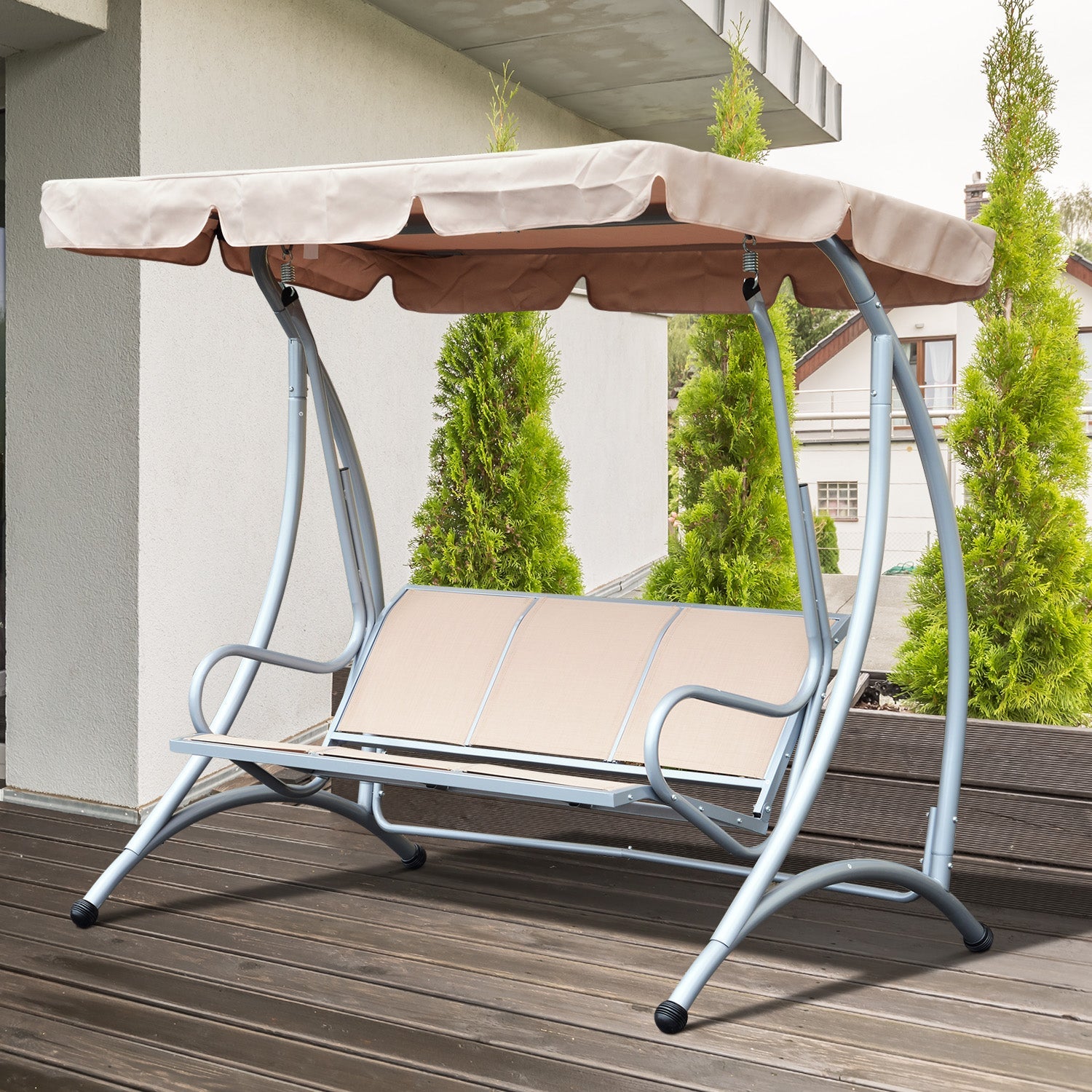 3 Seater Garden Swing Seat Bench Steel Swing Chair with Adjustable Canopy for Outdoor Patio Porch - Beige