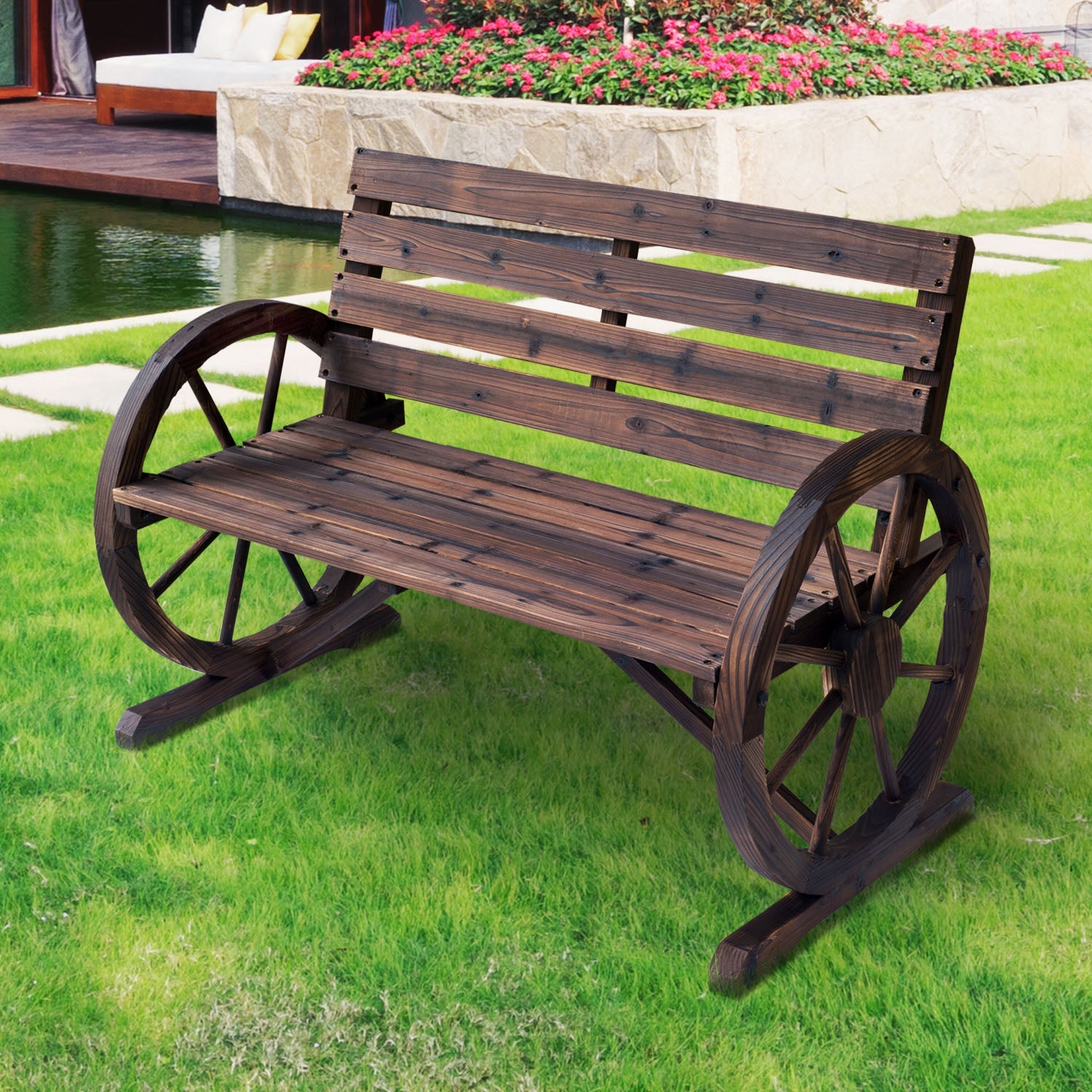 2 Seater Garden Bench with Wooden Cart Wagon Wheel Rustic High Back Brown