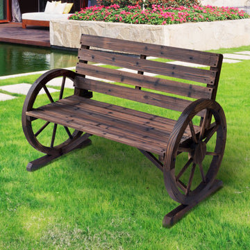 2 Seater Garden Bench with Wooden Cart Wagon Wheel Rustic High Back Brown