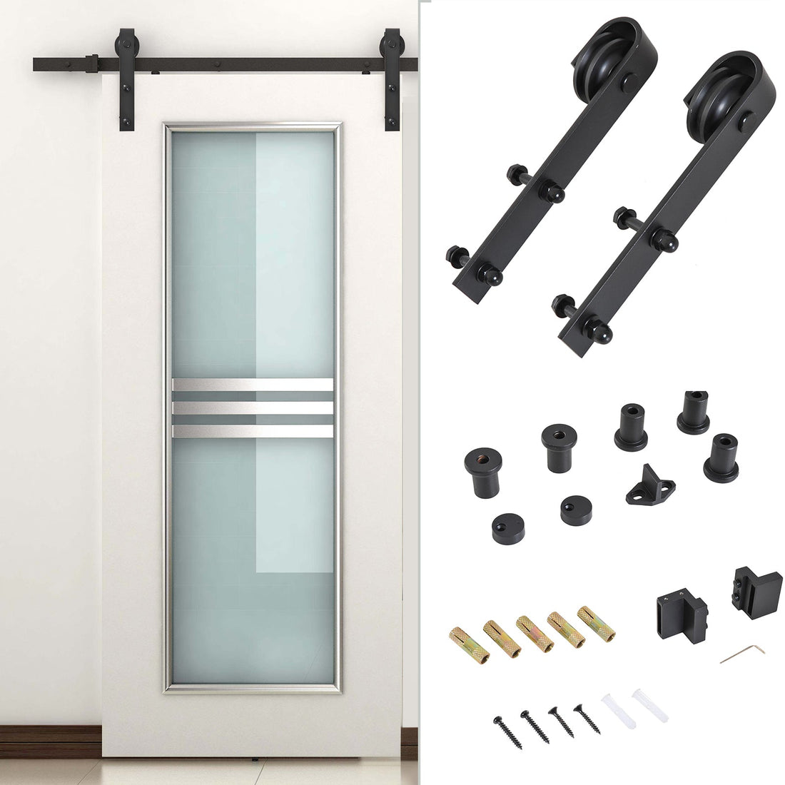 6.6 FT/ 2000mm Carbon Steel Sliding Barn Door Kits Hardware Closet Set Track System for Single Wooden Door Industrial Wheel Style Roller