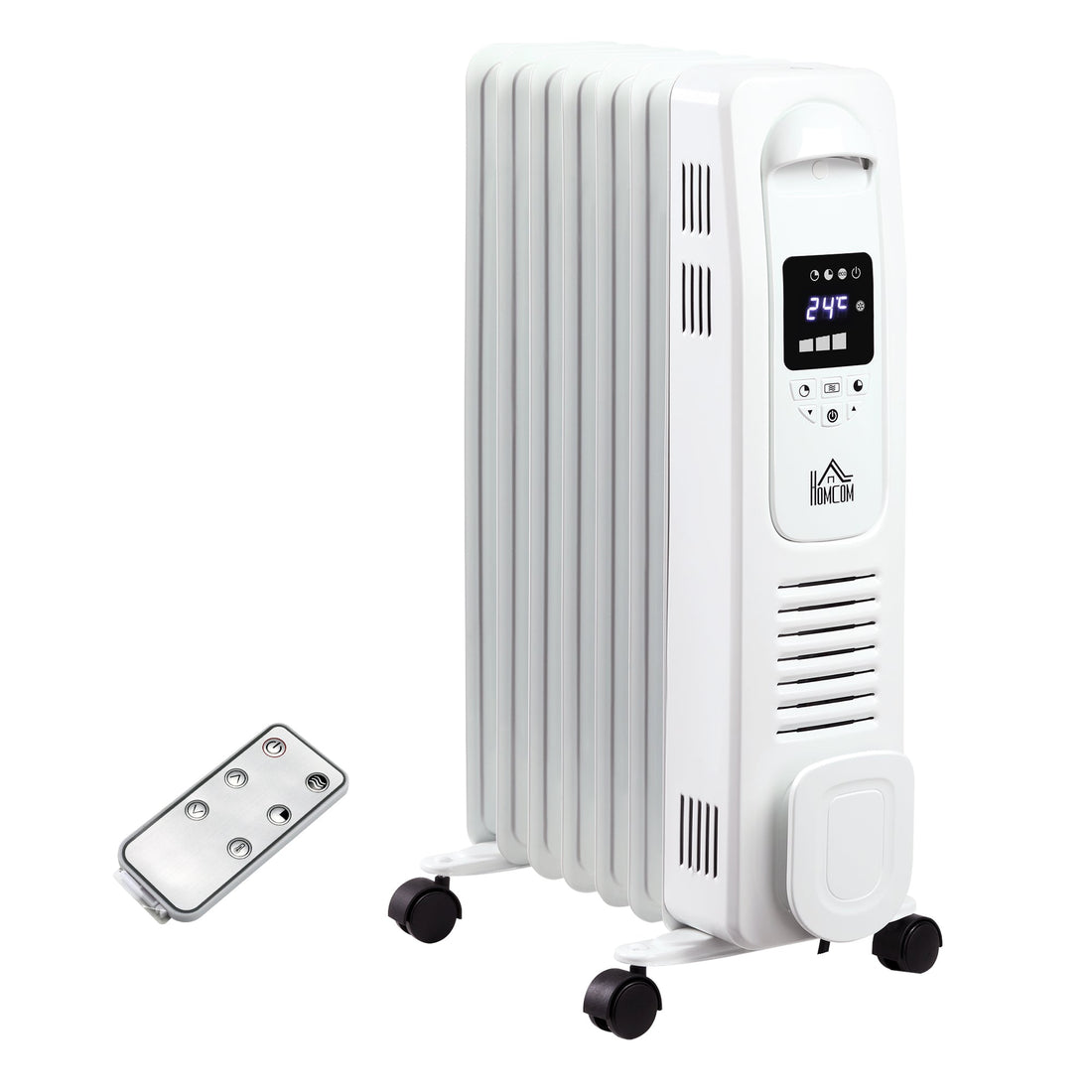 1500W Digital Oil Filled Radiator, 7 Fin, Portable Electric Heater with LED Display, Built-in Timer, 3 Heat Settings, Safety Cut-Off and Remote Control, White