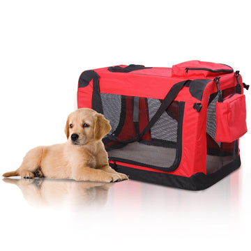 Foldable Pet Carrier for Small and Miniature Dogs, Portable Cat Carrier Soft Side Pet Travel Crate with Removable Mat, Storage Bags, Breathable Mesh Window 60 x 42 x 42cm - Red