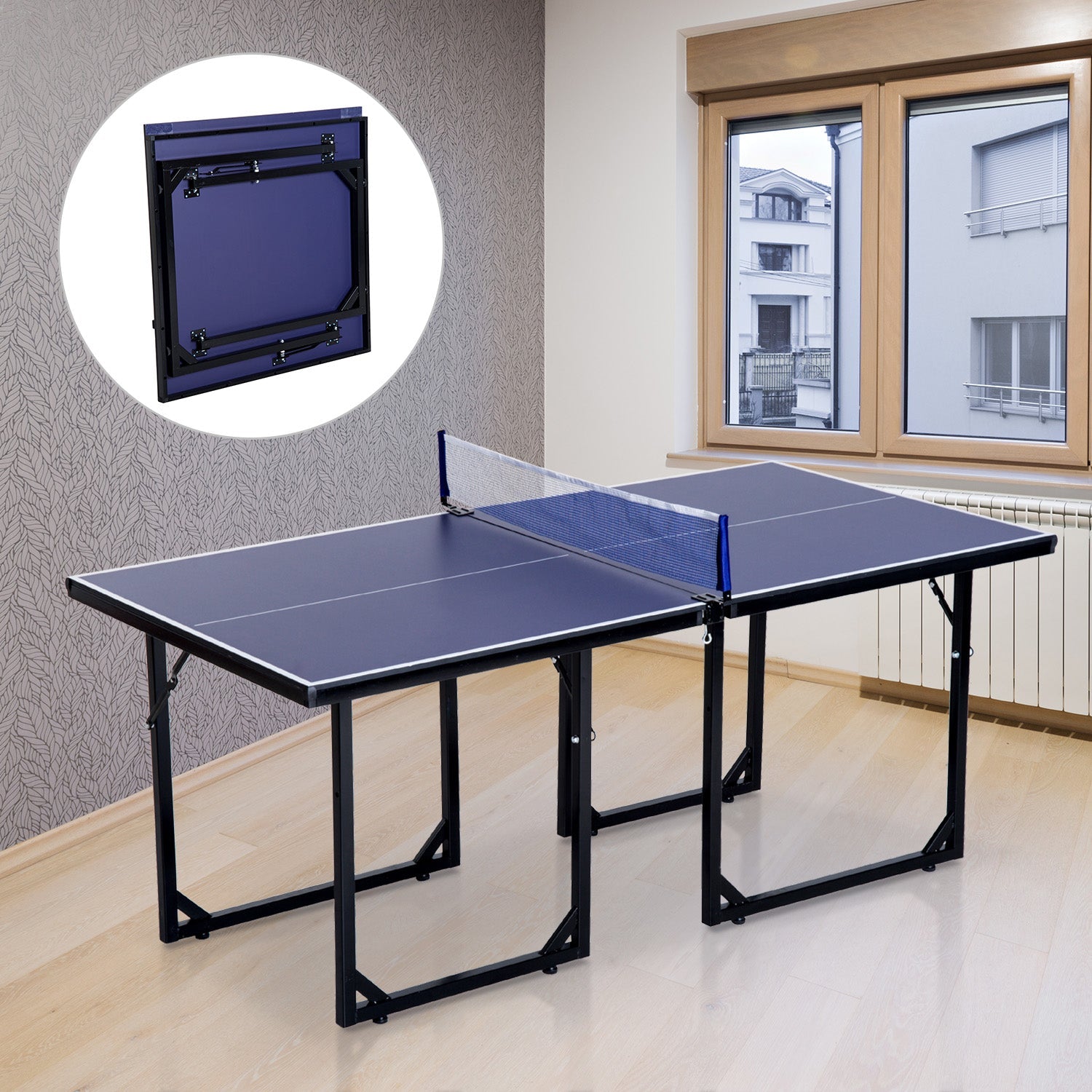 6ft 182cm Mini Table Tennis Table Folding Ping Pong Table with Net Multi-Use Table for Indoor Outdoor Game, Blue