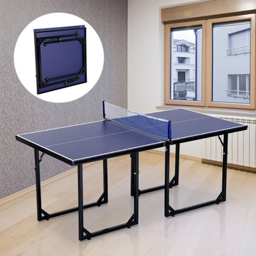6ft 182cm Mini Table Tennis Table Folding Ping Pong Table with Net Multi-Use Table for Indoor Outdoor Game, Blue