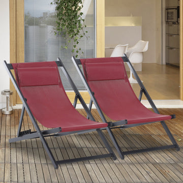 Set of 2 Folding Garden Beach Aluminium Frame Deck Chairs Deckchairs Seaside Folding Garden Patio Lounger, Red