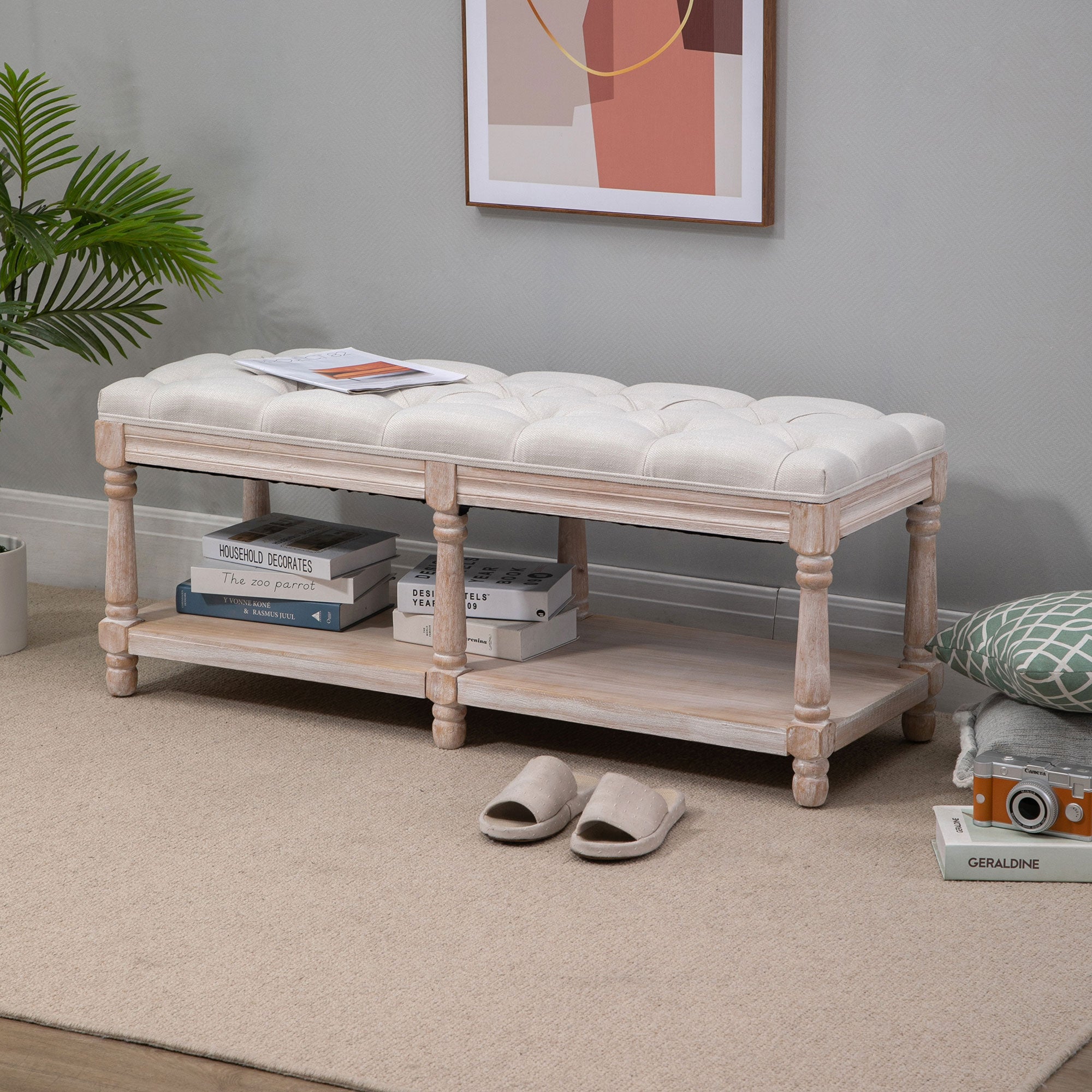 2-Tier Bed End Bench, Vintage Stool, Wooden Window Seat with Storage Shelf, Button Tufted Upholstered Footstool for Living Room, Bedroom, Entryway, Cream White