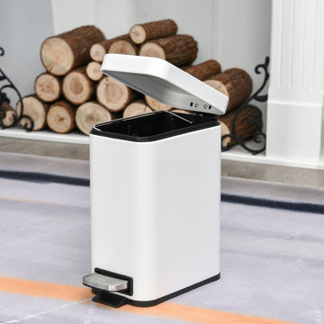 5L Rectangular Compact Bin Steel Body Removable Bucket Quiet-Close Lid w/ Pedal Lid Rubbish Trash Can Home Office Bedroom Bathroom Living Room Garbage Tidy Clean White