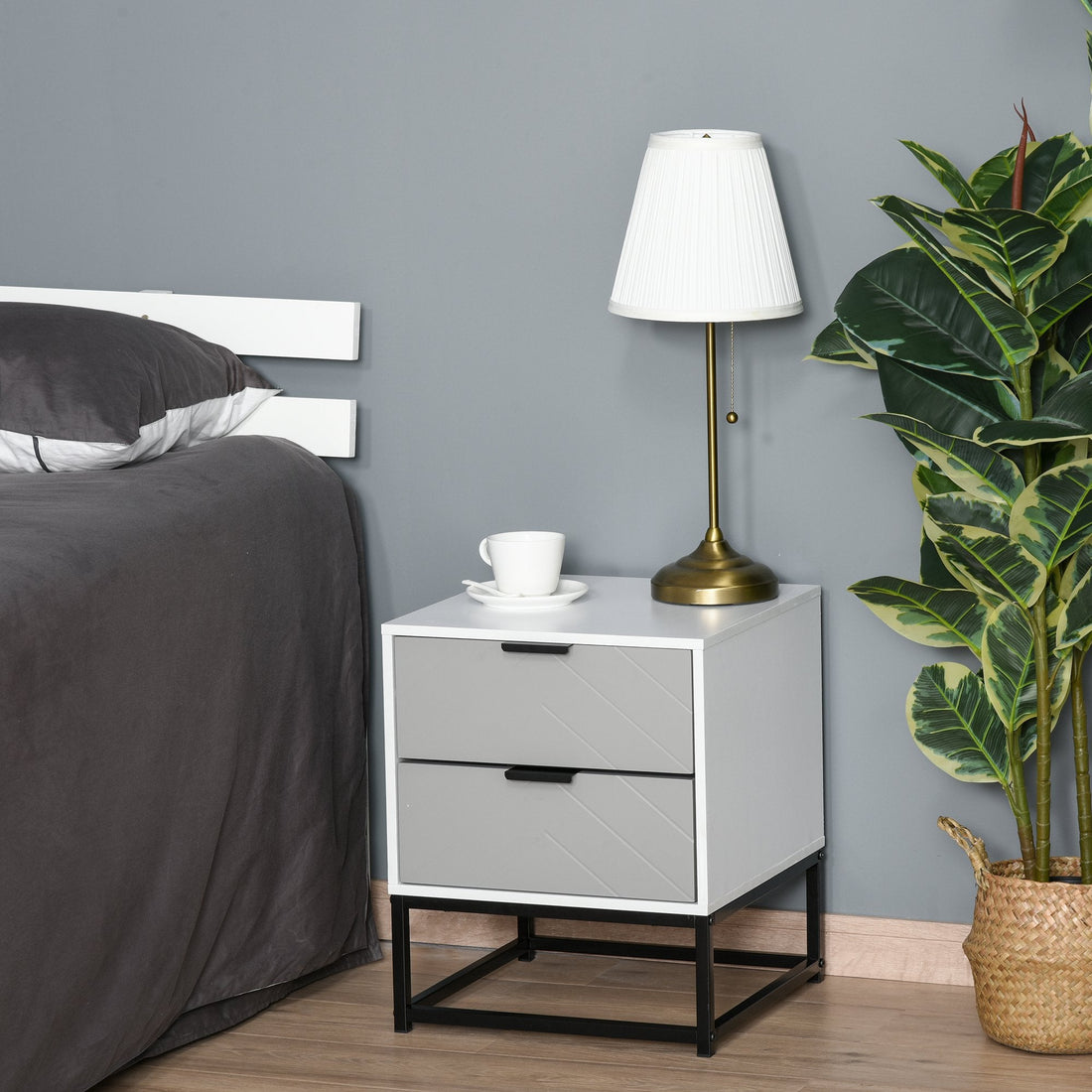 Bedside Cabinet with 2 Drawer Storage Unit, Unique Shape Bedroom Table Nightstand with Metal Base, for Living Room, Study Room, Dorm
