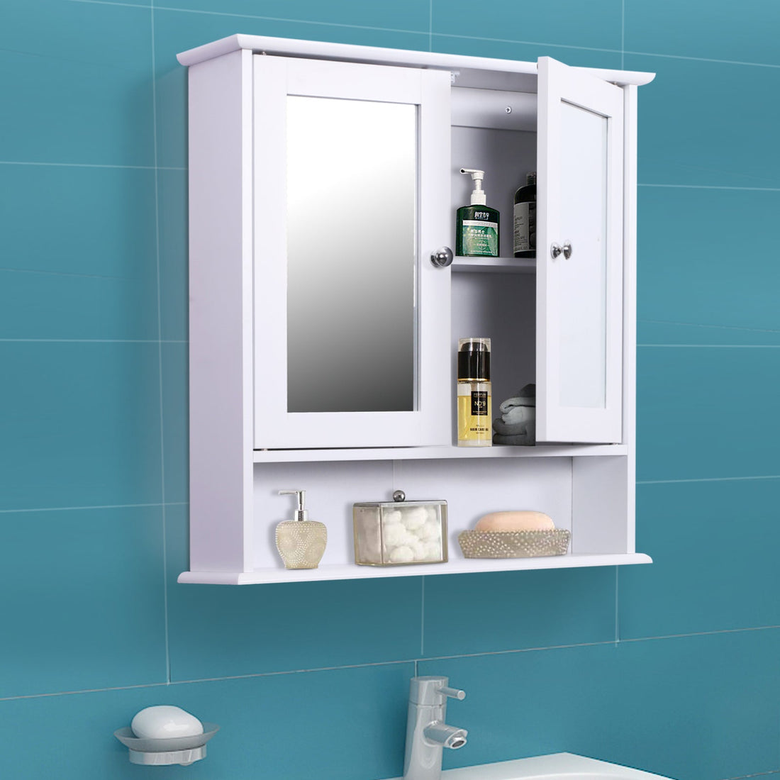 Wall-mounted Bathroom Cabinet Mirror Door Organiser Storage Shelves Living Room White