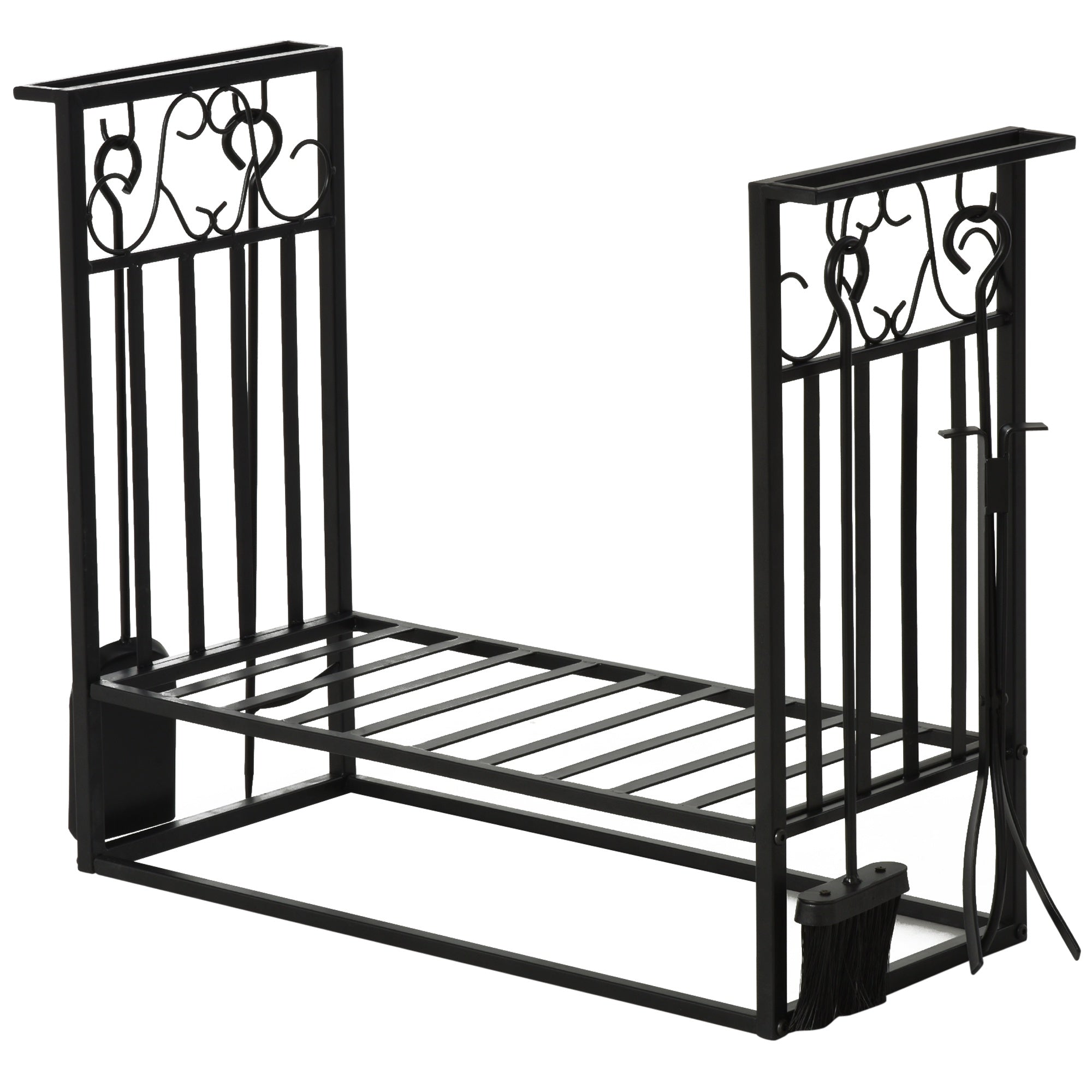Steel Firewood Log Holder Indoor Outdoor Firewood Rack Fireplace Wood Storage Shelf with 4 Tools, Hooks, Scrolls, Rust-Resistant, Black, 75L x 30W x 60H cm