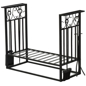 Steel Firewood Log Holder Indoor Outdoor Firewood Rack Fireplace Wood Storage Shelf with 4 Tools, Hooks, Scrolls, Rust-Resistant, Black, 75L x 30W x 60H cm