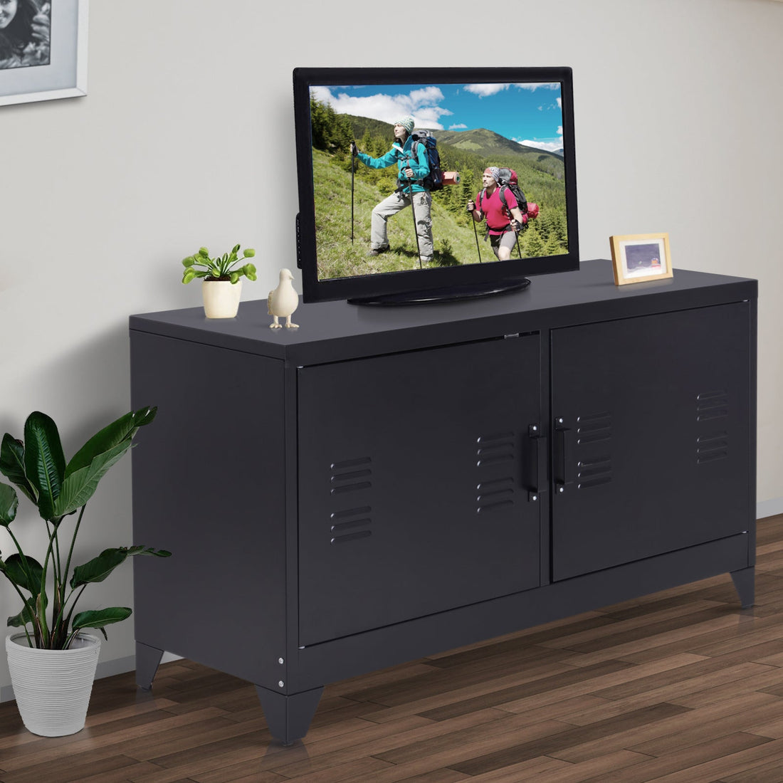 Steel TV Stand Cabinet, Industrial TV Unit for TVs up to 50", TV Table with 2 Doors, Adjustable Shelf and 4 Cable Holes for Living Room, Black