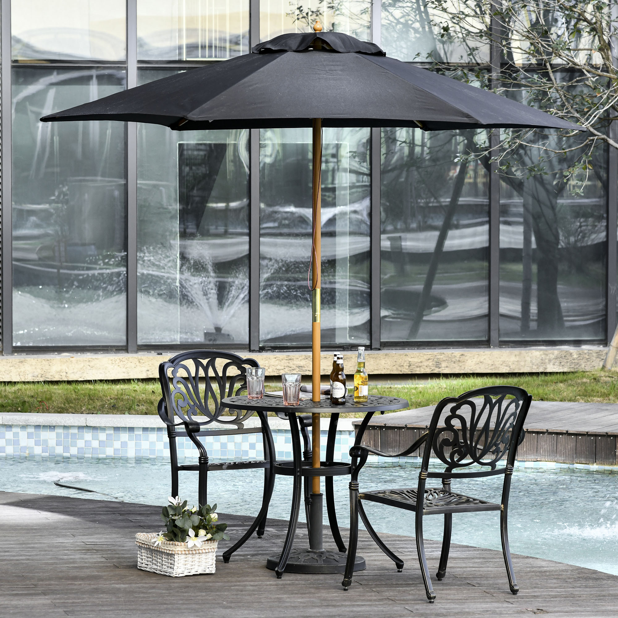 Wooden Garden Umbrella Sun Shade with Top Vents, Bamboo Ribs and Sturdy Wood Pole, Black