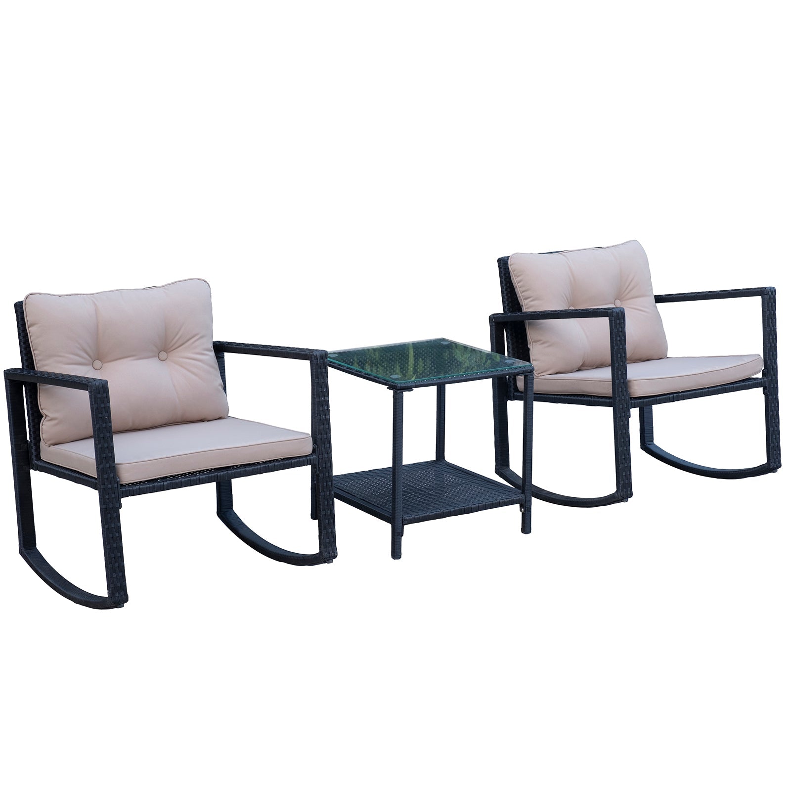 3 Pieces Rattan Garden Rocking Chair Set, Outdoor Rocking Bistro Set w/ 2 Cushioned Armchair and Glass Top Two-tier Coffee Table, Black