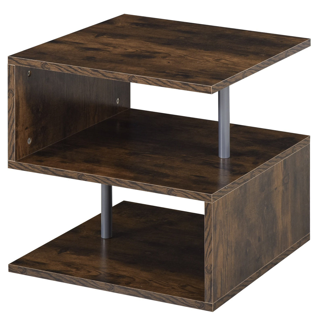 Wooden S Shape Cube Coffee Table 2 Tier Storage Shelves Organizer Office Bookcase Living Room End Desk Stand Display (Rustic Brown)