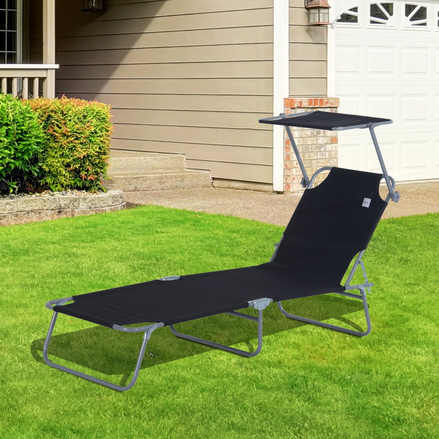 Outdoor Foldable Sun Lounger, 4 Level Adjustable Backrest Reclining Sun Lounger Chair with Angle Adjust Sun Shade Awning for Beach, Garden, Patio, Black