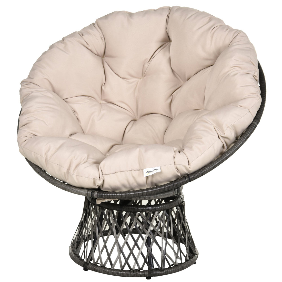 360° Swivel Rattan Moon Bowl Chair Round Lounge Garden Wicker Basket Seat with Padded Cushion Oversized for Outdoor Indoor, Beige