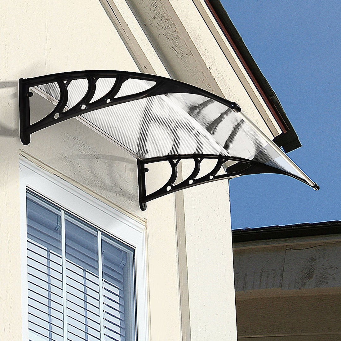 Front Door Canopy Outdoor Awning Aluminium Rigid Plastic Polycarbonate Rain Shelter UV Water Rain Resistant 120 x 75cm White