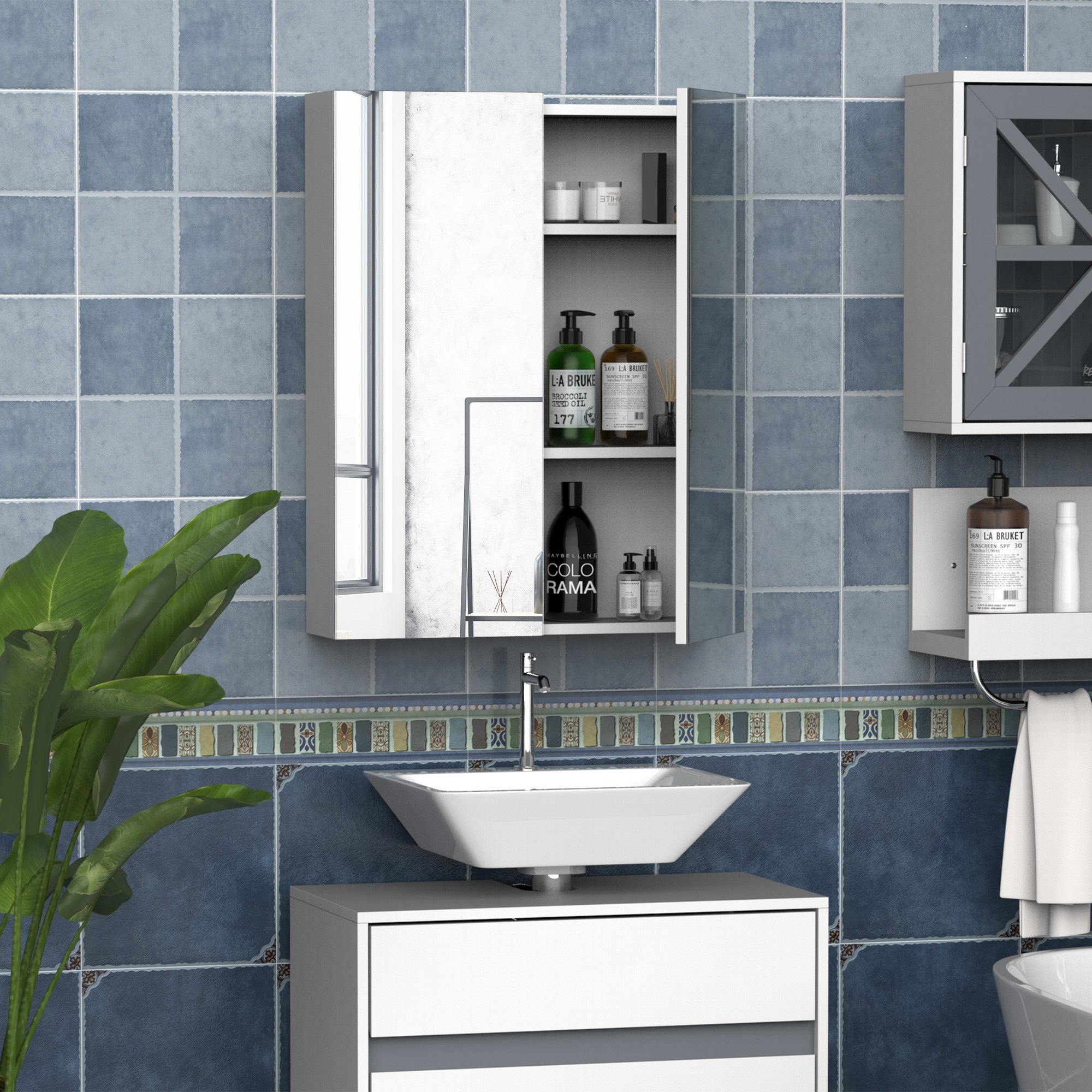 Mirror Cabinet, Wall Mount Bathroom Storage Cabinet with Adjustable Shelf, Double Door Cupboard, 60 x 15 x 75 cm, White