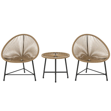 3 Pieces Rattan Bistro Set, Garden Bistro Set with Acapulco Chairs and Glass Top Table, Small Garden Furniture Set with Reinforced Metal Frame for Outdoor, Patio, Balcony, Natural