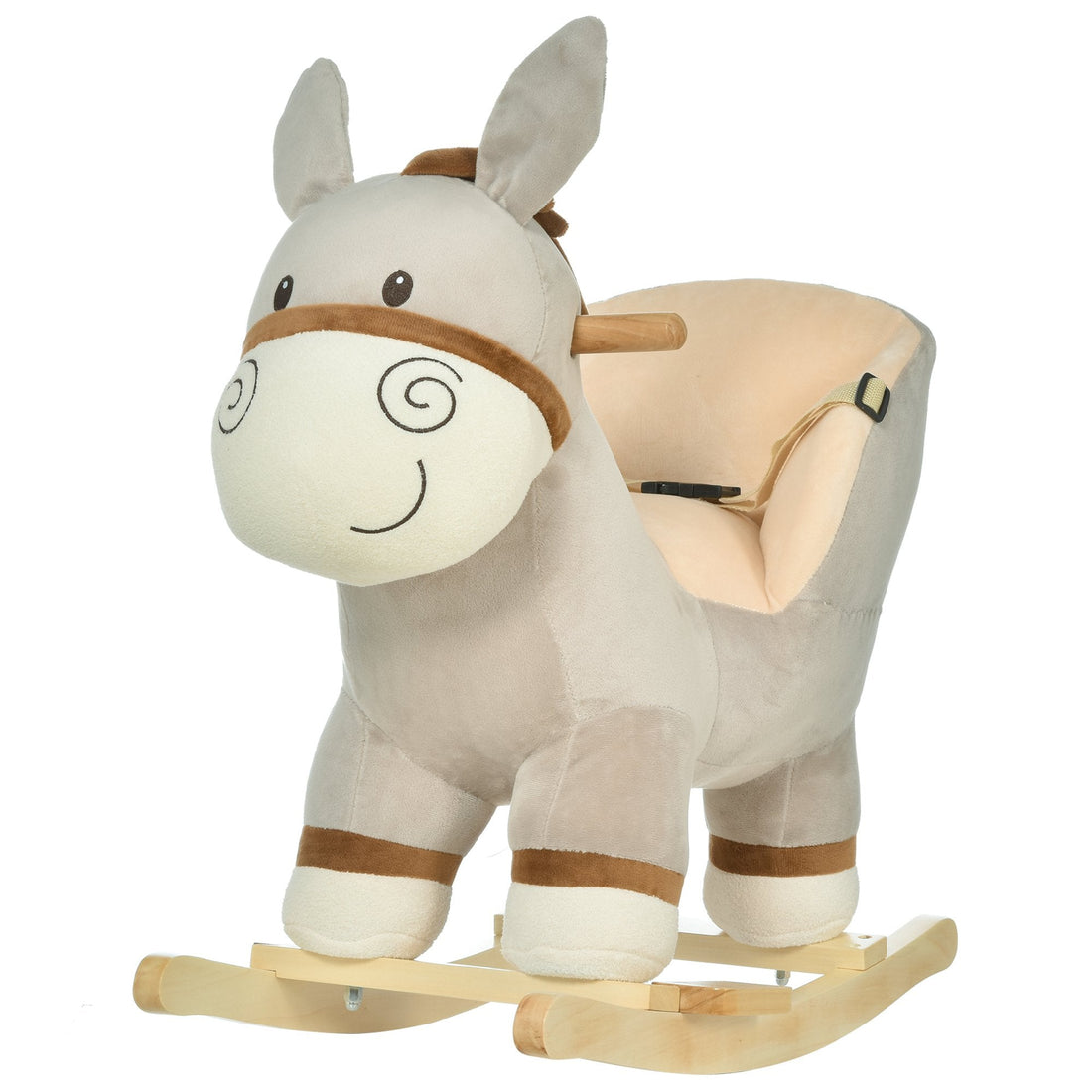 Kids Children Rocking Horse Plush Ride On Donkey Seat w/ Sound Wood Base Seat Safety Belt Toddler Baby Toy Rocker Grey 18 - 36 Months