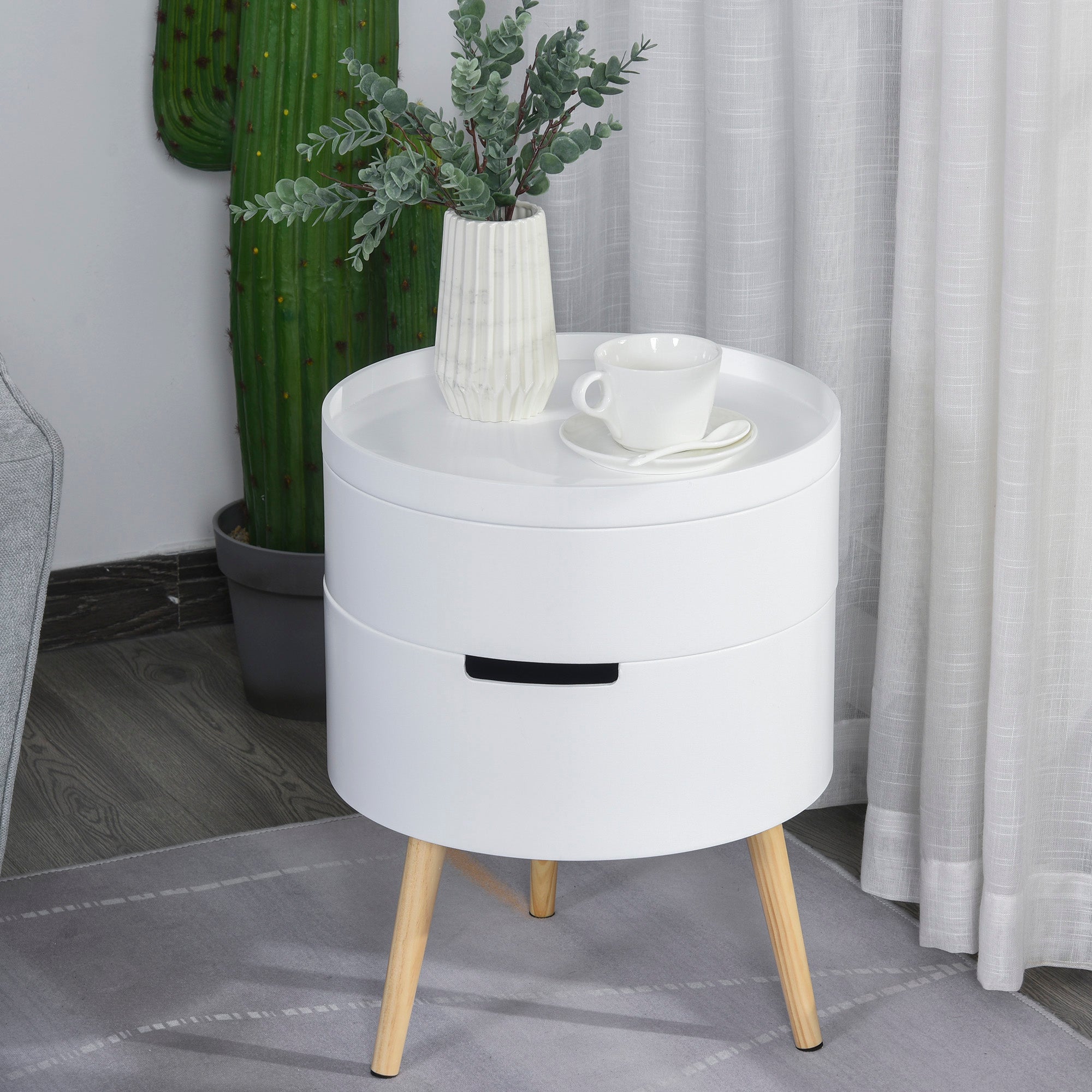 3-Tier Coffee Table, Round End Table with 2 Hidden Compartments and Detachable Tray, Side Table with Storage for Living Room, White