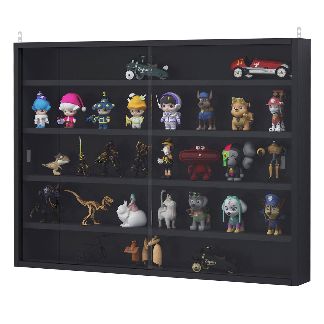 5-Tier Wall Display Shelf Unit Cabinet w/ 4 Adjustable Shelves Glass Doors Home Office Ornaments 60x80cm Black