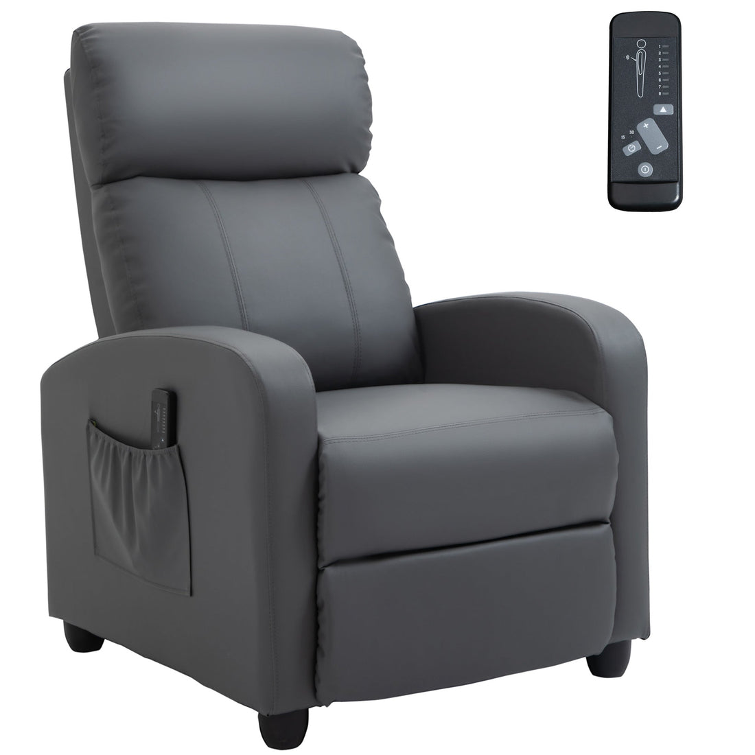 Recliner Armchair, Massage Faux Leather Push Back Reclining Chair with Adjustable Leg Rest, Side Pocket, for Home Living Room Theatre, Grey