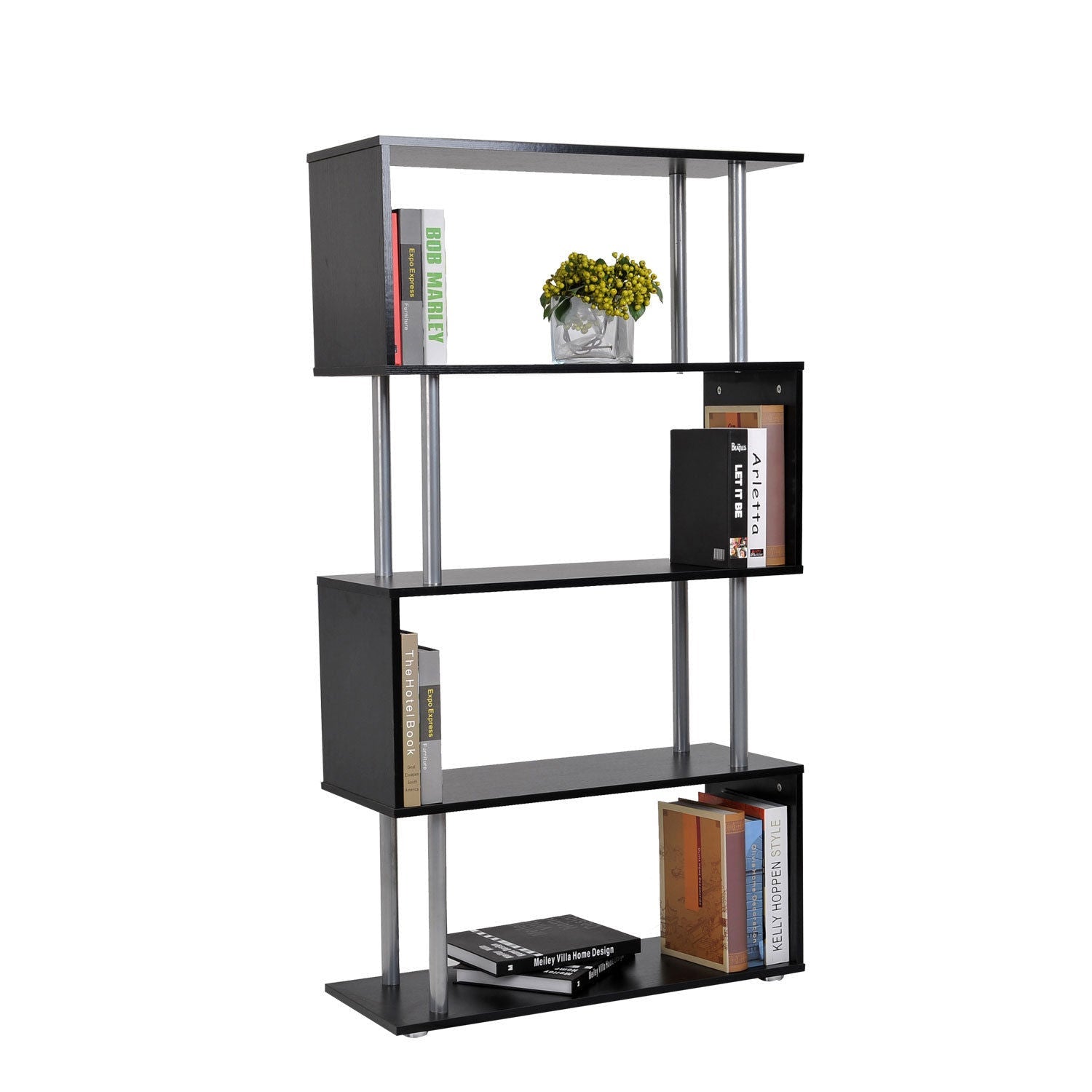 S Shape Bookcase, 5 Tiers Bookshelf, Modern Freestanding Storage Shelf for Home Office, Study, Living Room, 80 x 30 x 145cm Black