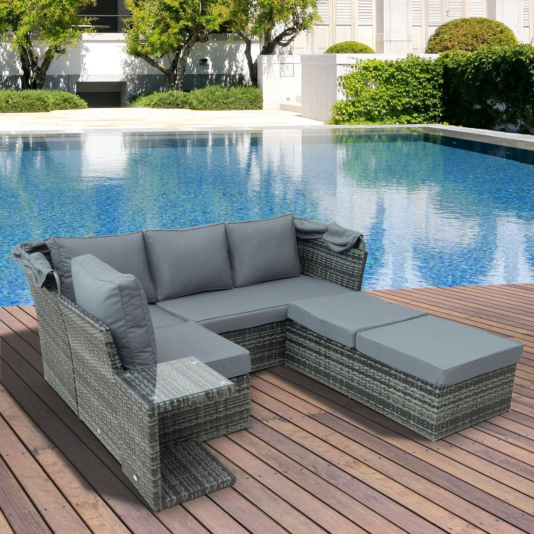 5 PCS Outdoor Rattan Wicker Sofa Sets Reclining Sofa Adjustable Canopy & Side Table Dining Table Set Sectional Conversation Furniture w/ Cushions, Mixed Grey