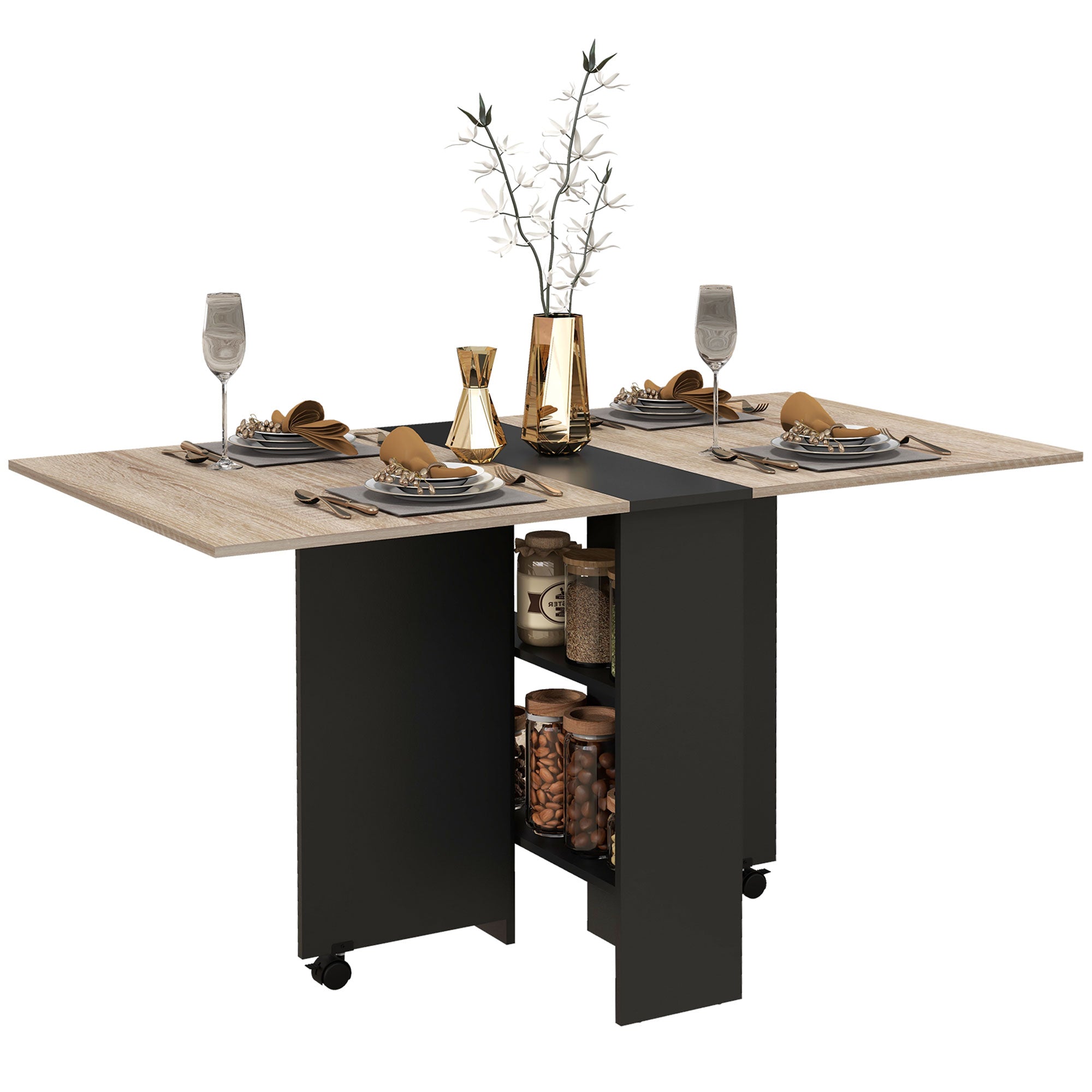 Folding Dining Table, Drop Leaf Table with 2-Tier Shelves, Rolling Casters, for Small Spaces, Kitchen, Oak and Black