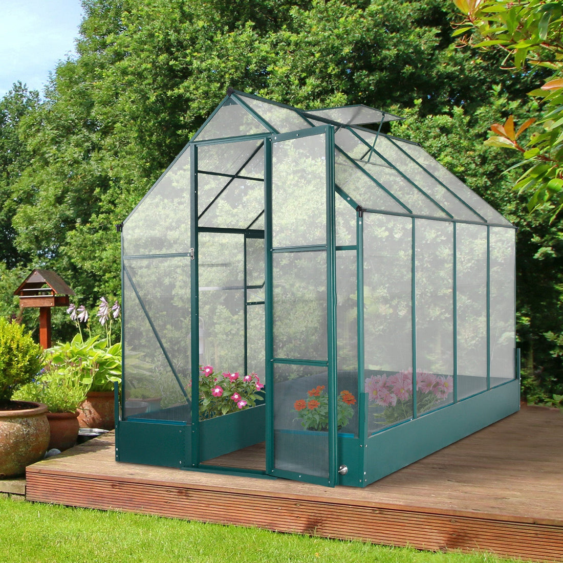 6x8 FT Polycarbonate Greenhouse with Base and Raised Bed, Walk-in Greenhouse with Aluminium Frame, Temperature Controlled Window, Foundation for Plants, Flowers, Vegetable