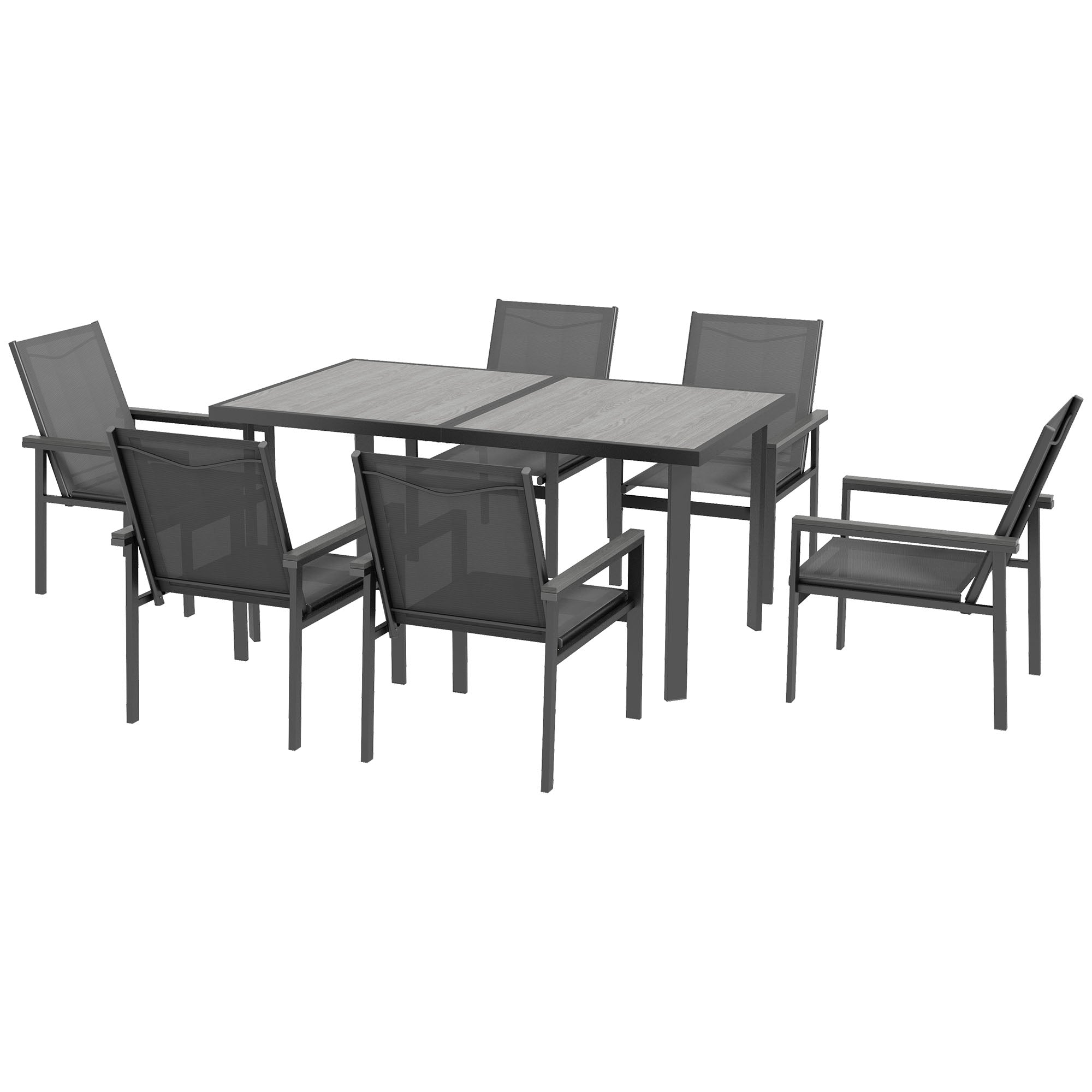 Seven-Piece Metal Dining Set, with Glass-Top Table - Grey