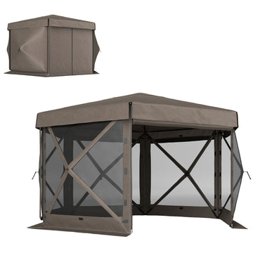 3 x 3(m) Hexagon Pop Up Gazebo with 5 Sides and Carry Bag, Waterproof, UV Resistant Party Tent Instant Event Shelter with Netting for Garden, Patio, Brown
