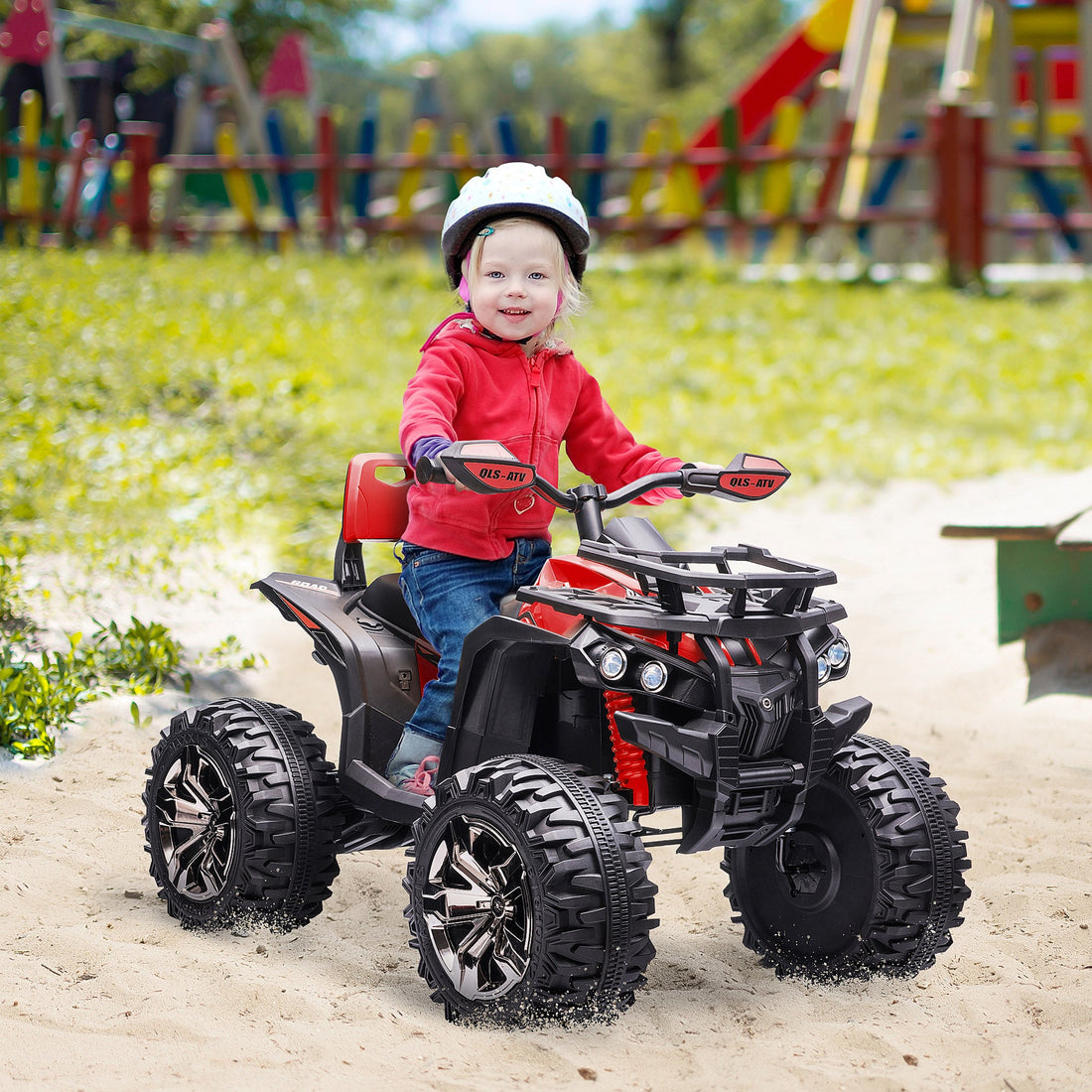 12V Quad Bike ATV with LED Lights, Music, Backrest, Forward, Backward, Red