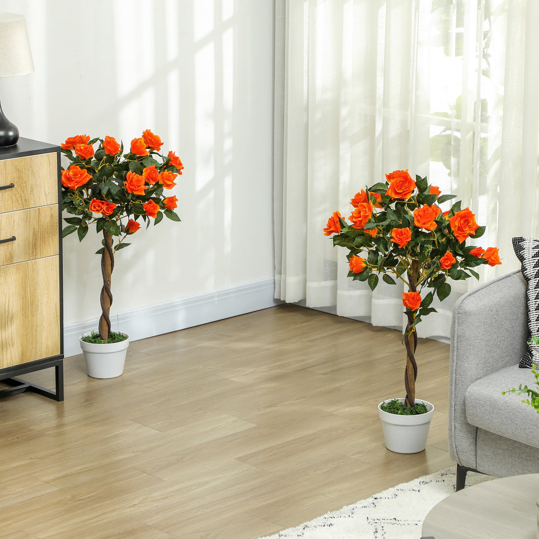 Set of 2 Artificial Plants White Rose Floral in Pot, Fake Plants for Home Indoor Outdoor Decor, 90cm, Orange