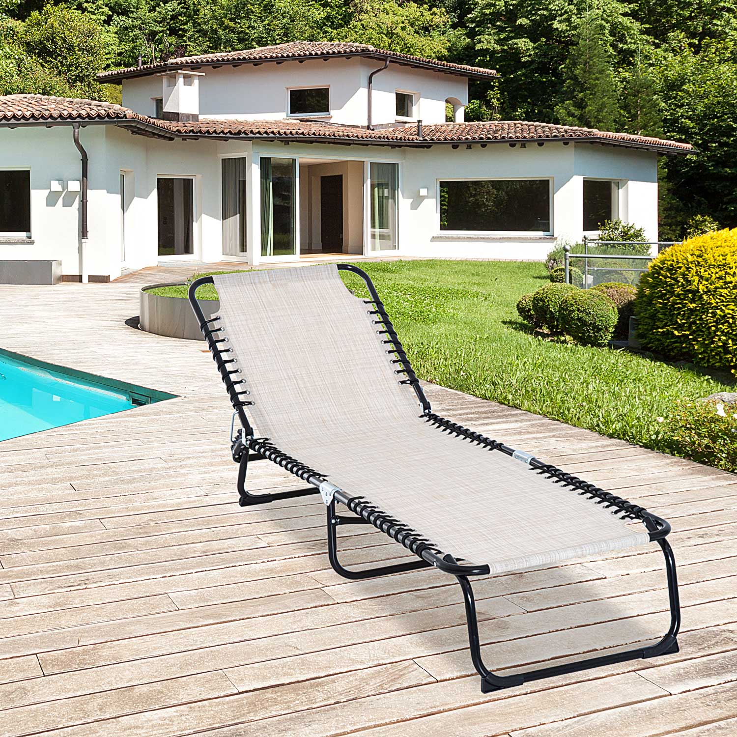 Foldable Sun Lounger, Outdoor 4 Level Adjustable Backrest Reclining Chaise Chair, Steel Frame Recliner Chair for Camping, Hiking, Cream White