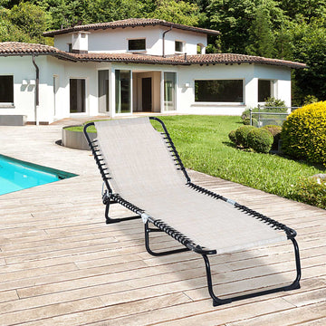 Foldable Sun Lounger, Outdoor 4 Level Adjustable Backrest Reclining Chaise Chair, Steel Frame Recliner Chair for Camping, Hiking, Cream White